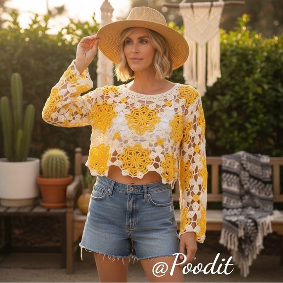 available Tops - AVAILABLE Cream and yellow crochet top O/S